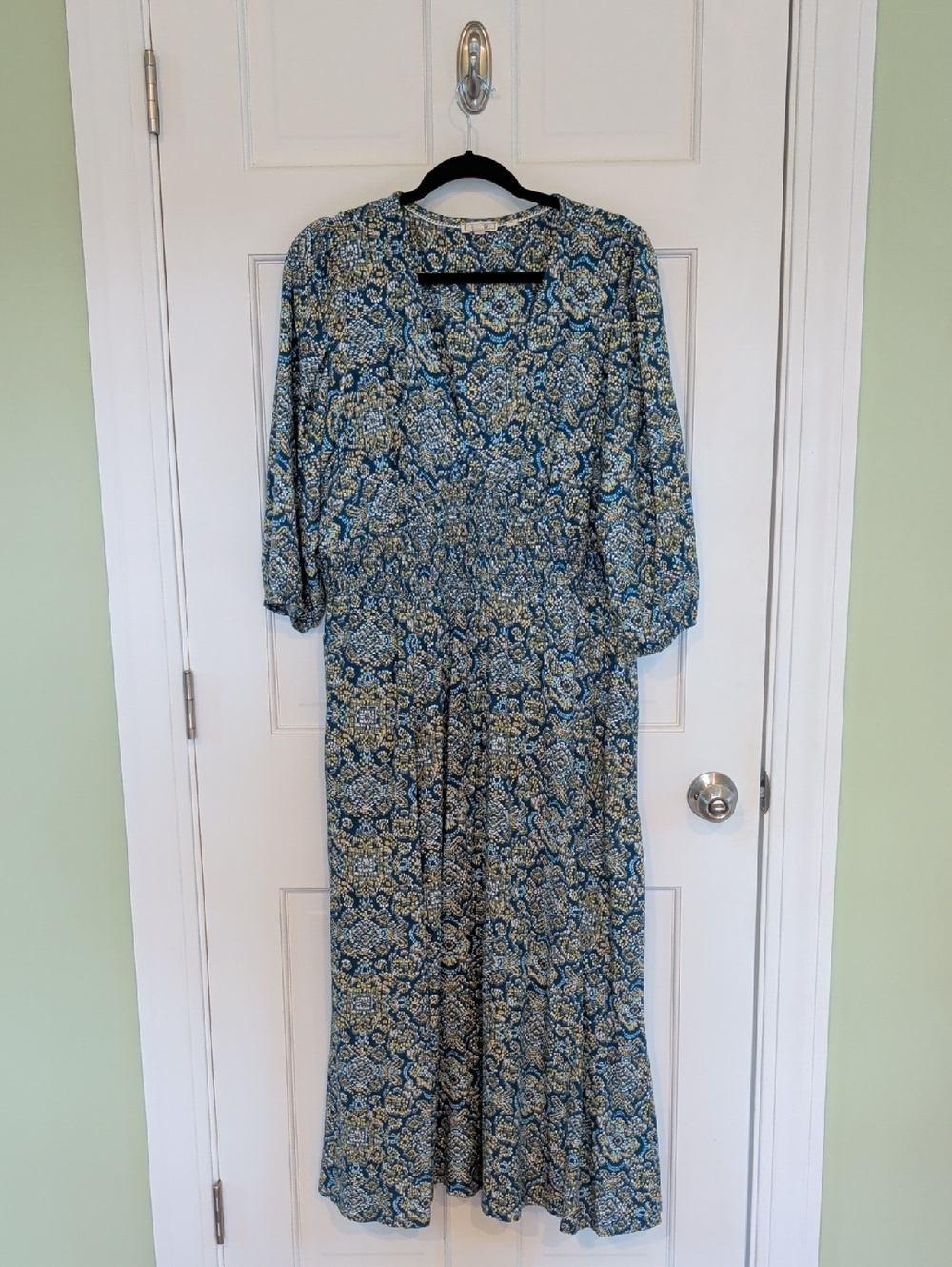 FatFace Blue Batik-Style Print Boho Midi Dress 3/4 Sleeve V-Neck A-Line, Size 12